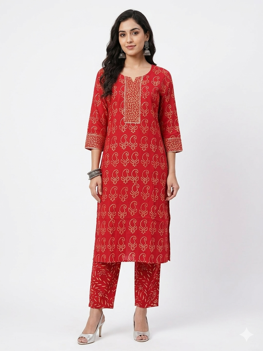 Red Handblock Cotton Kurta & Pant