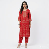 Red Handblock Cotton Kurta & Pant