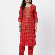 Red Handblock Cotton Kurta & Pant