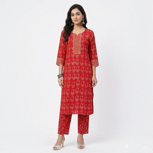 Red Handblock Cotton Kurta & Pant