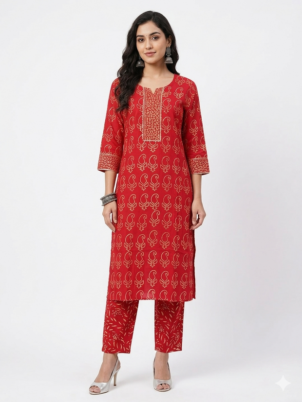 Red Handblock Cotton Kurta & Pant