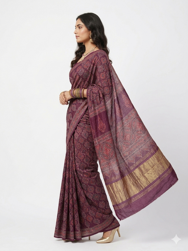 Maroon Ajrakh Modal Silk Saree