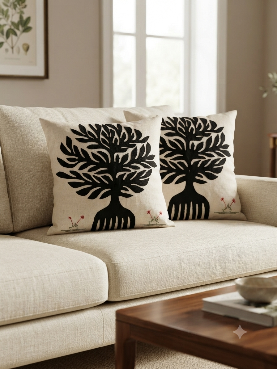 Cream Applique Work Cushion Cover
