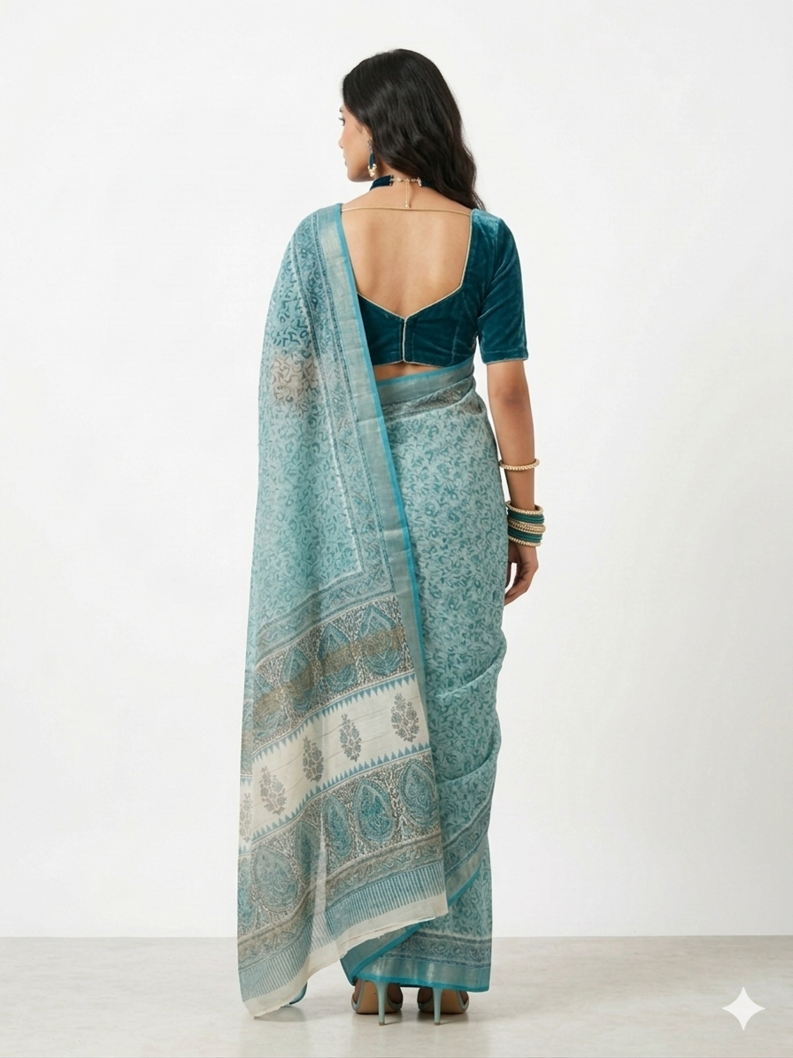 Light Teal Blue Maheswari Silk Saree