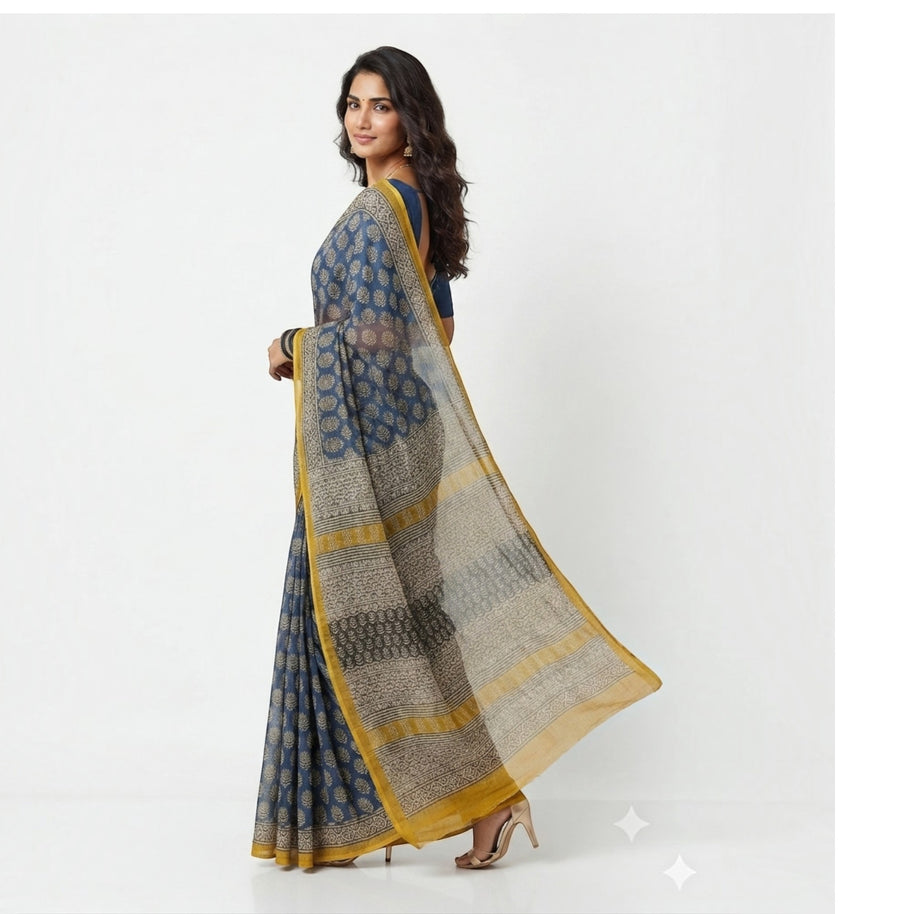 Blue Offwhite Handblock Kota Cotton Saree