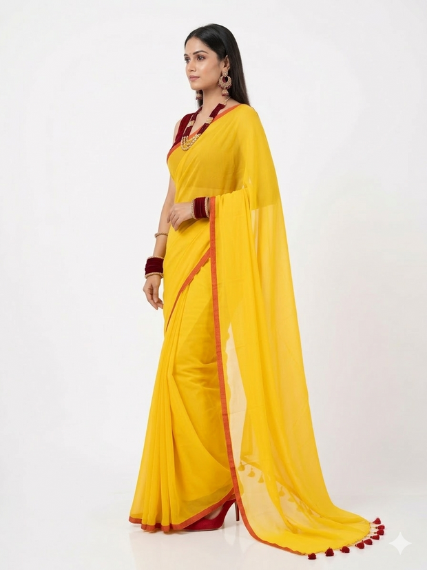 Yellow Plain Handwoven Cotton Saree