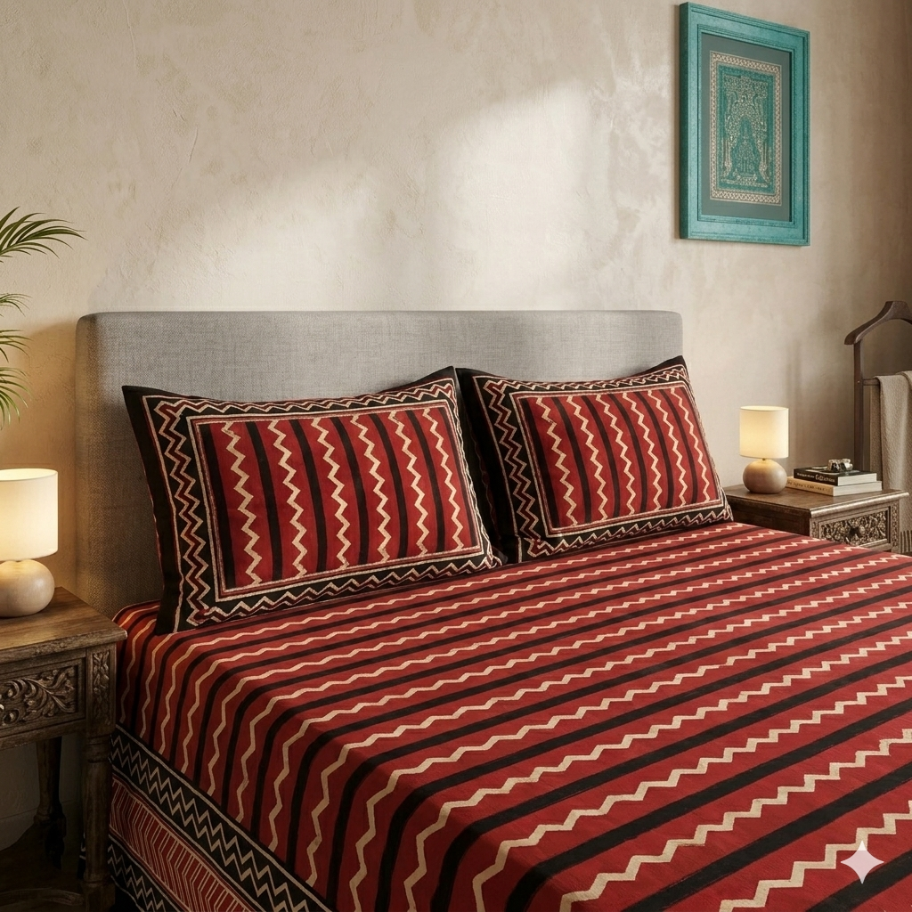 Black Cream Wave Handblock Print Double Bedsheet