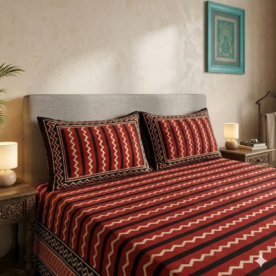 Black Cream Wave Handblock Print Double Bedsheet