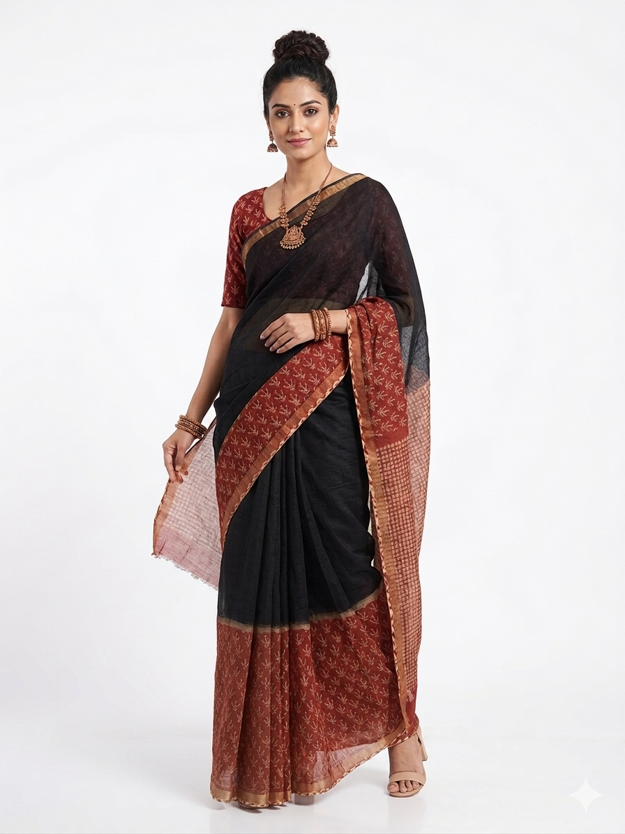 Black Floral Handblock Kota Cotton Saree
