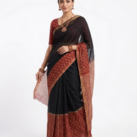 Black Floral Handblock Kota Cotton Saree