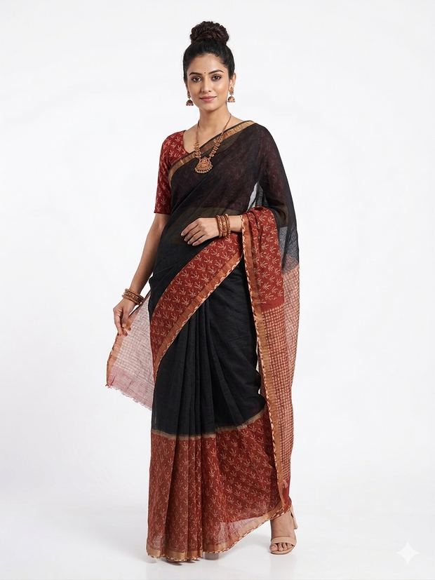 Black Floral Handblock Kota Cotton Saree