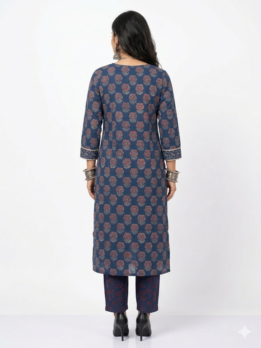 Blue Floral Handblock Cotton Kurta & Pant