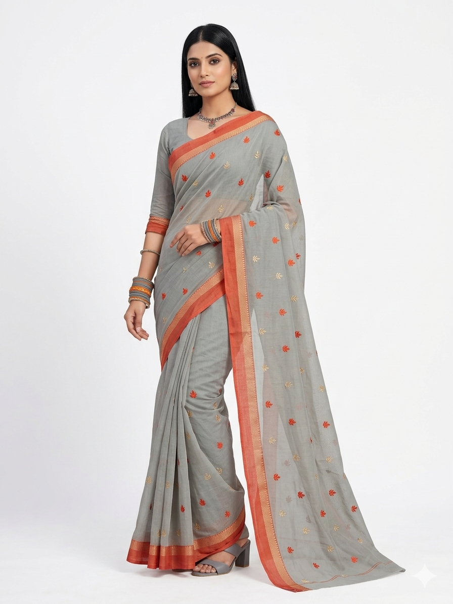 Grey Orange Floral Cotton Saree