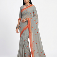 Grey Orange Floral Cotton Saree