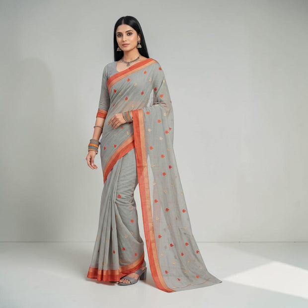Grey Orange Floral Cotton Saree