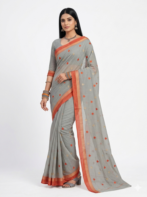 Grey Orange Floral Cotton Saree