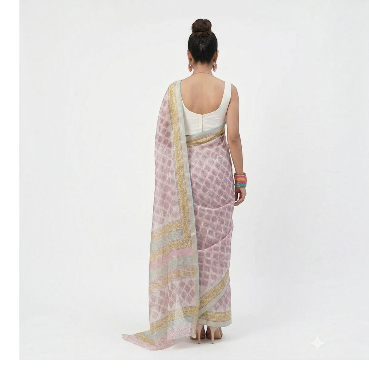 White Pink Floral Handblock Kota Cotton Saree