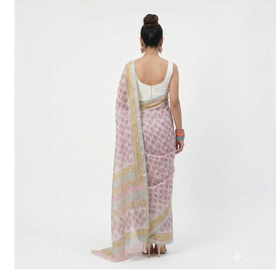 White Pink Floral Handblock Kota Cotton Saree