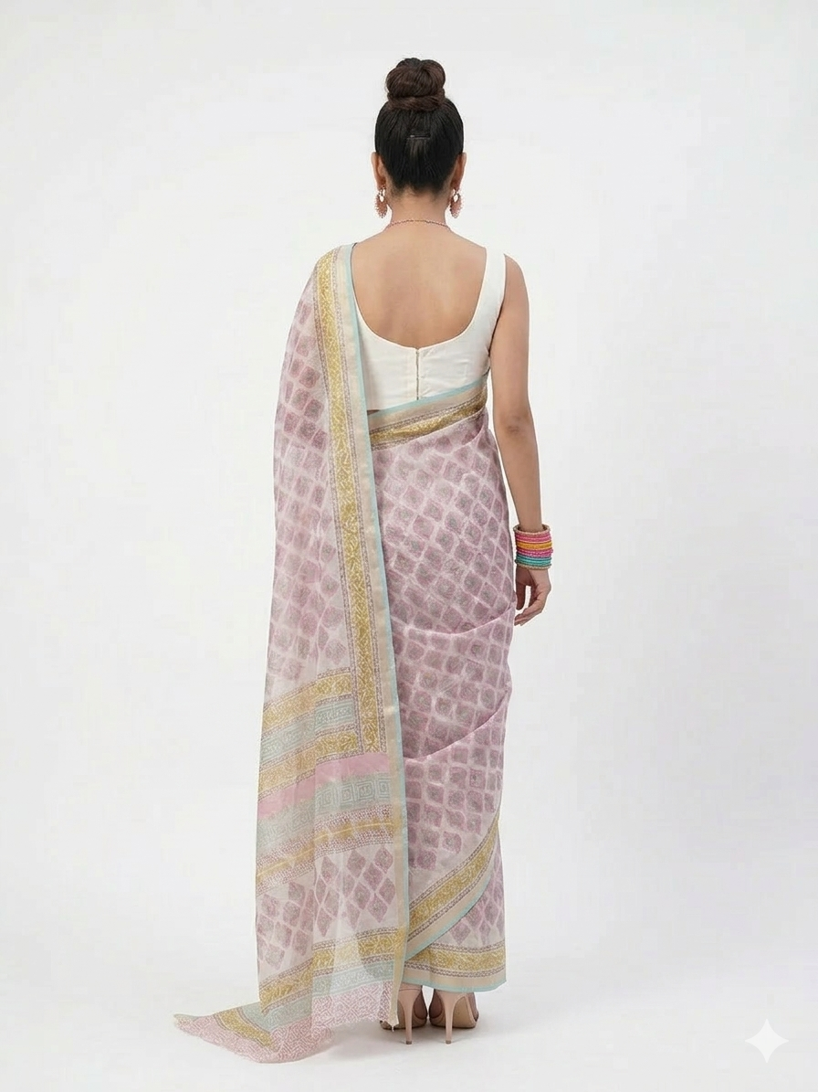 White Pink Floral Handblock Kota Cotton Saree