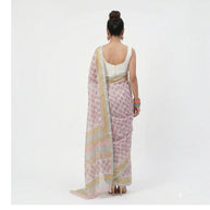 White Pink Floral Handblock Kota Cotton Saree