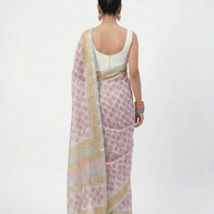 White Pink Floral Handblock Kota Cotton Saree
