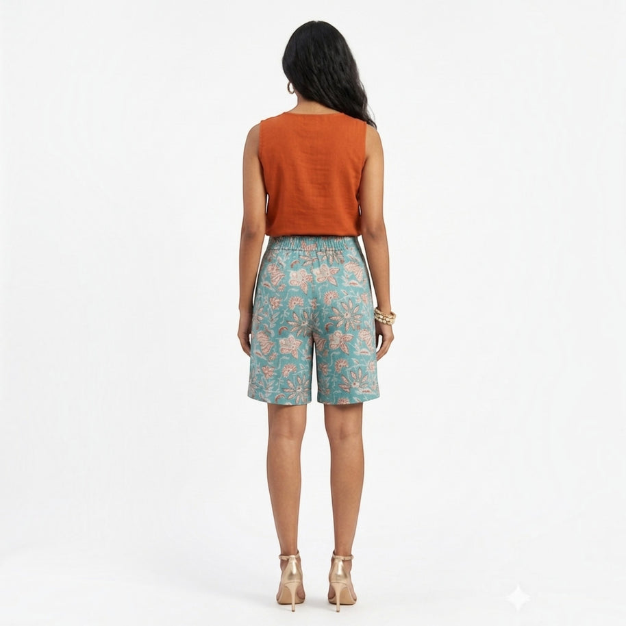 Sky Blue Handblock Cotton Shorts