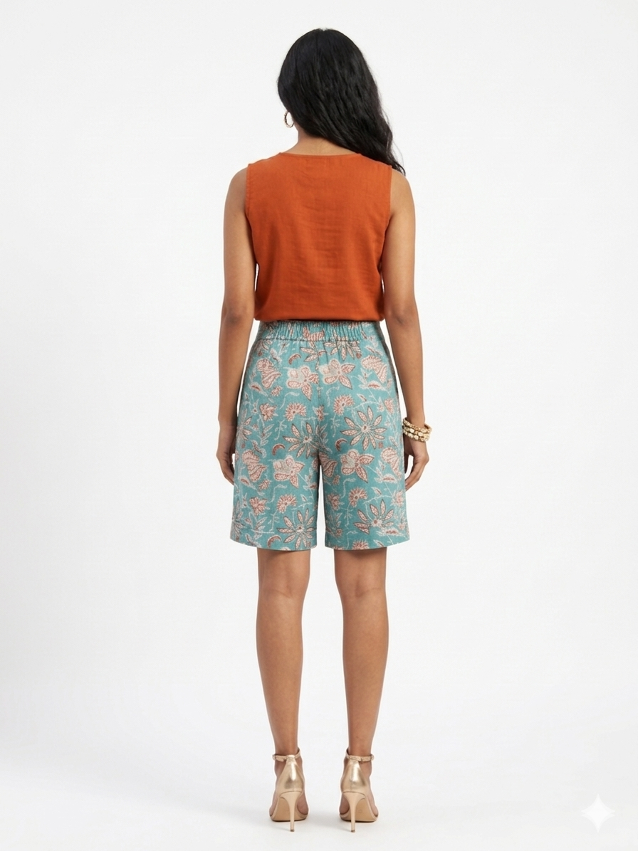 Sky Blue Handblock Cotton Shorts