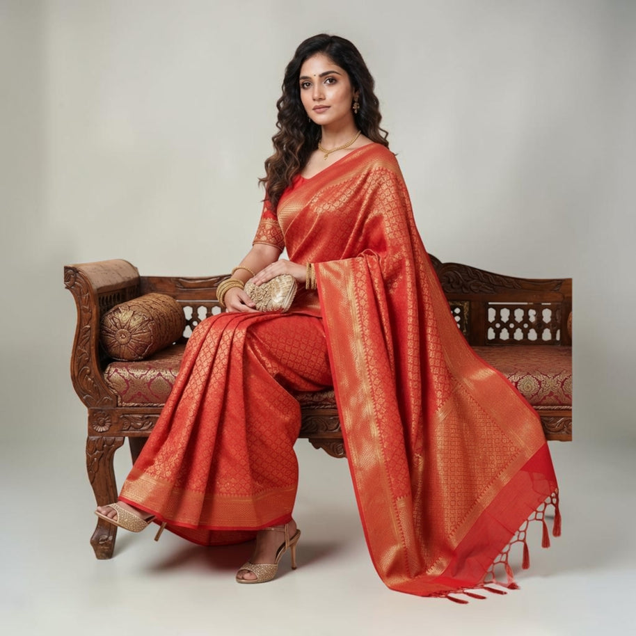 Red Golden Zari Work Silk Saree
