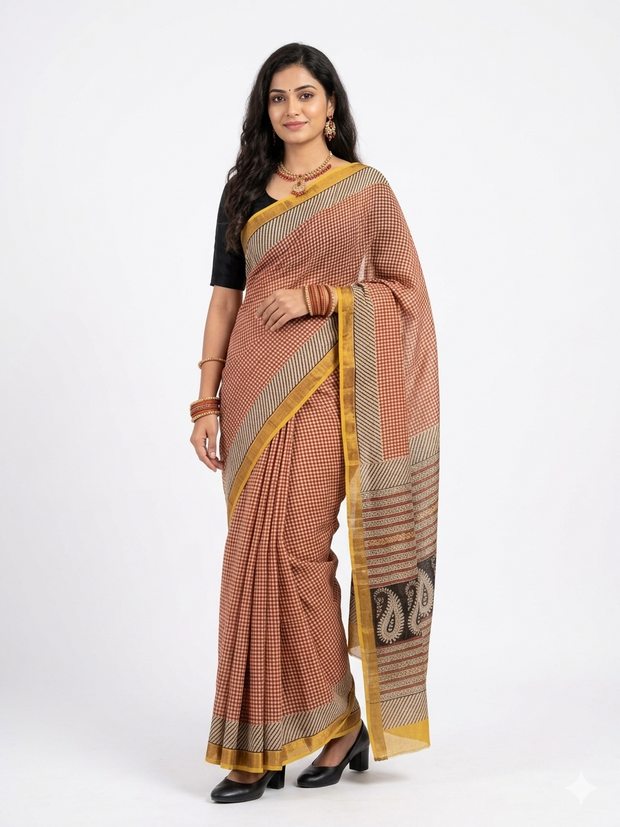 Offwhite Maroon Check Maheswari Silk Saree