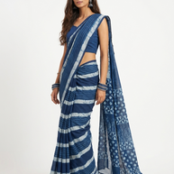 Blue Stripe Handblock Print Cotton Saree
