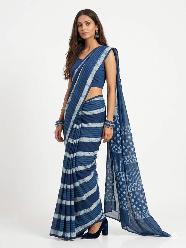 Blue Stripe Handblock Print Cotton Saree