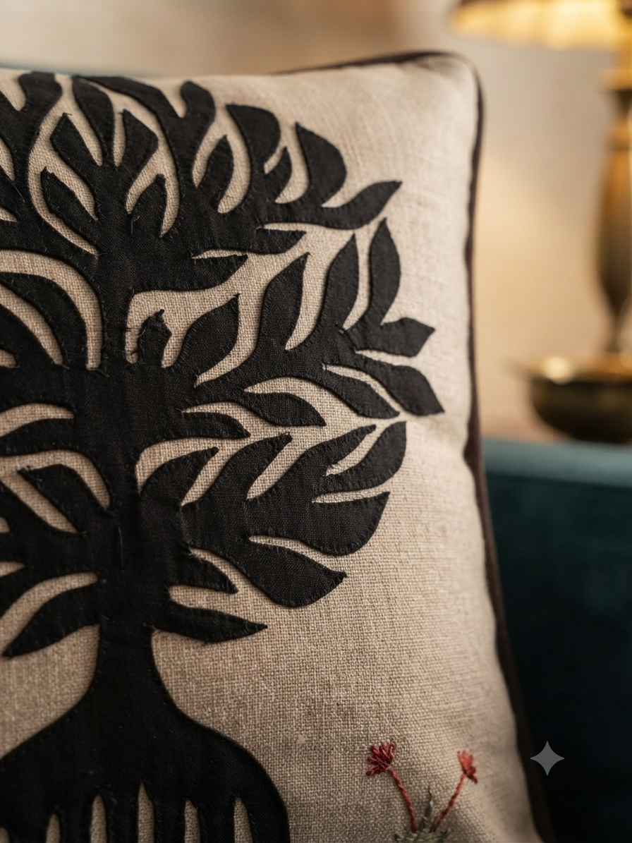 Cream Applique Work Cushion Cover