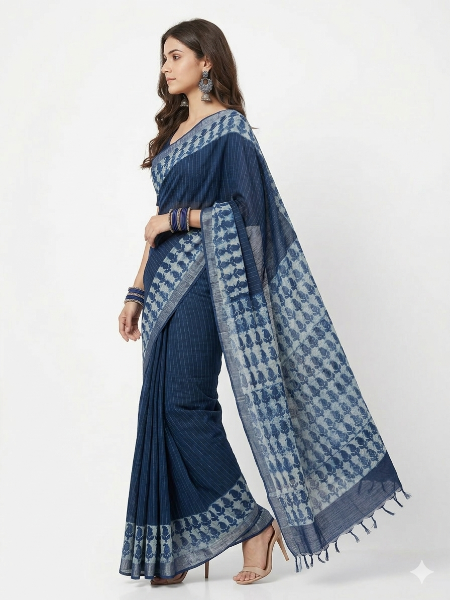 Blue Stripe Handblock Print Cotton Saree