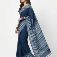 Blue Stripe Handblock Print Cotton Saree
