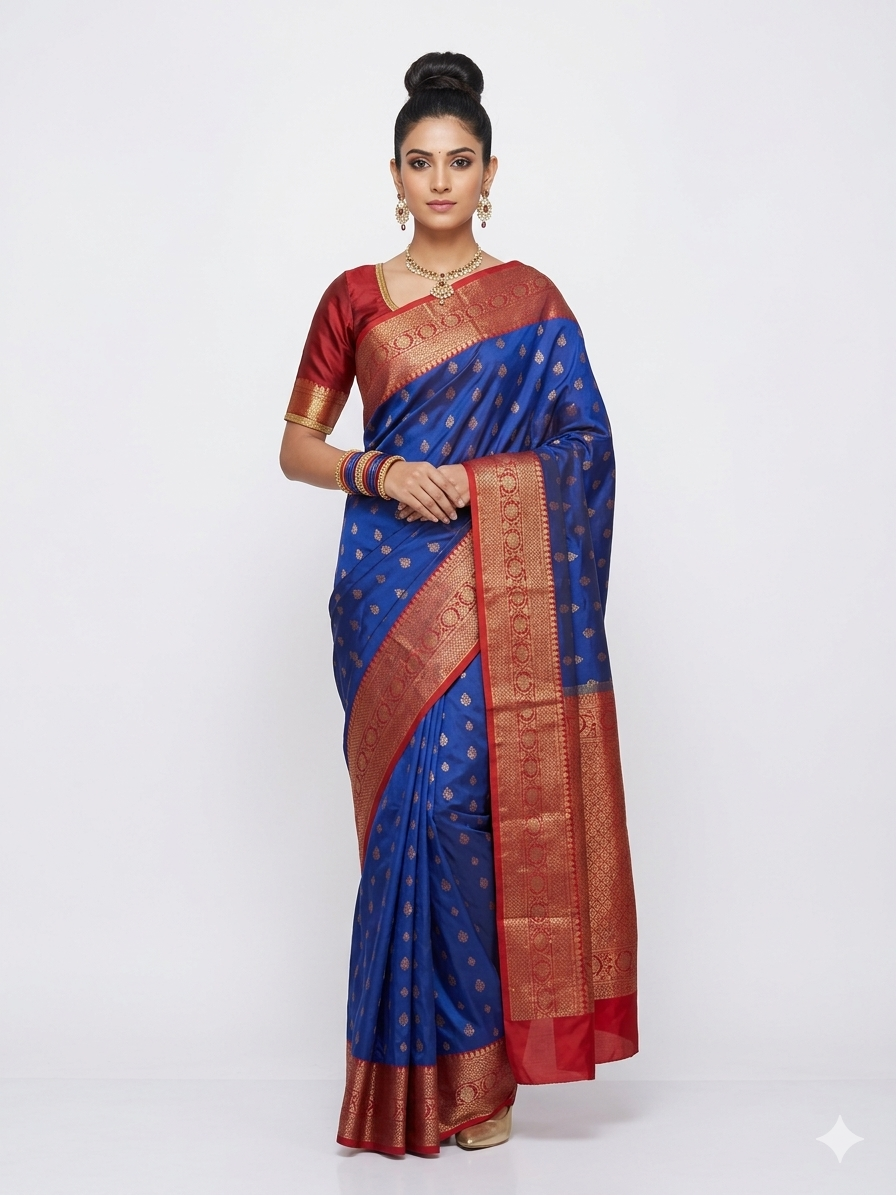 Blue Red Border Silk Saree