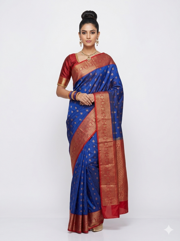 Blue Red Border Silk Saree