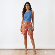 Orange Floral Handblock Cotton Shorts
