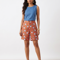Orange Floral Handblock Cotton Shorts