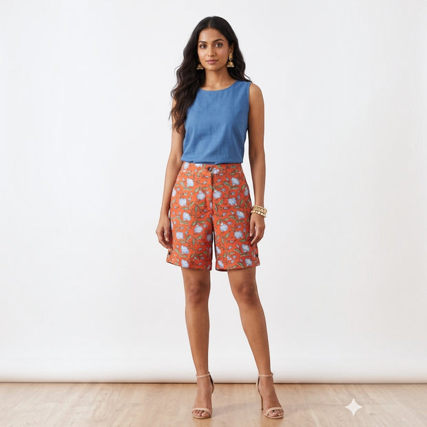 Orange Floral Handblock Cotton Shorts