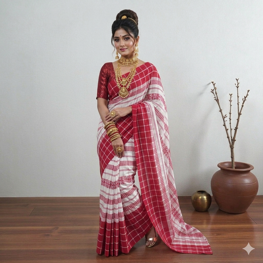 White Red Check Handwoven Cotton Saree