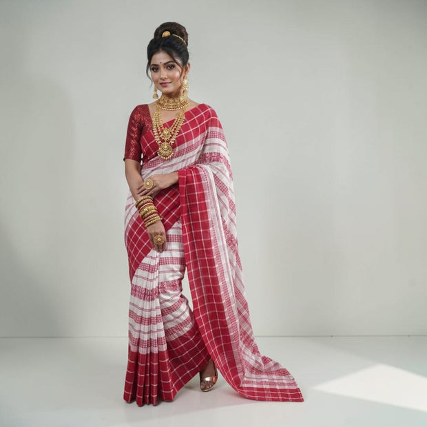 White Red Check Handwoven Cotton Saree