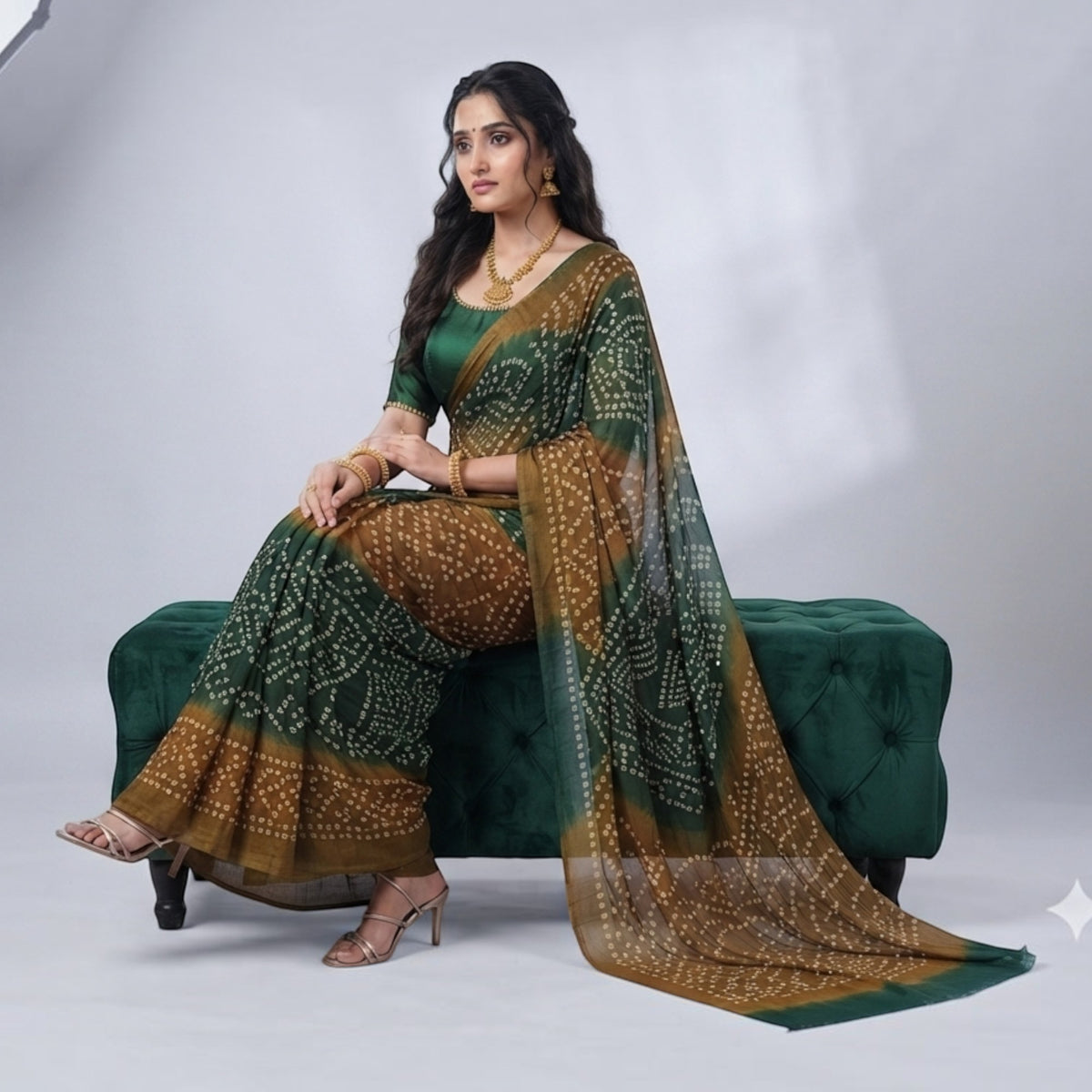 Green Bandhej Cotton Saree