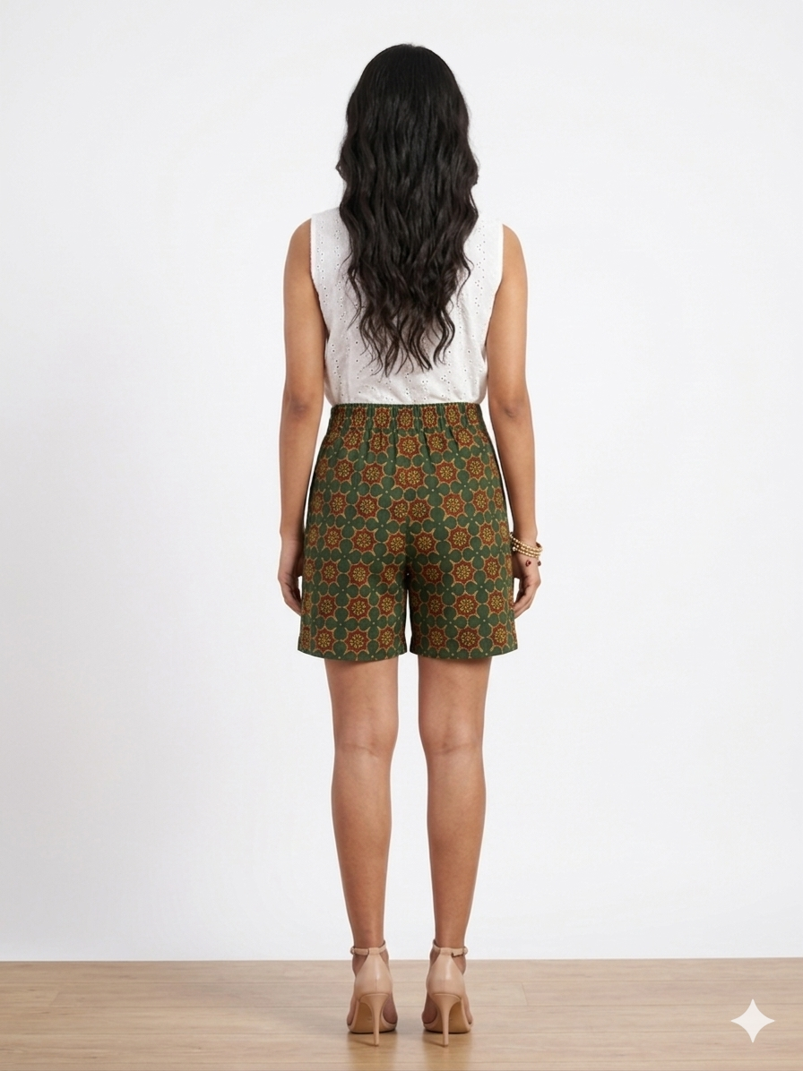 Green Ajrakh Handblock Cotton Shorts