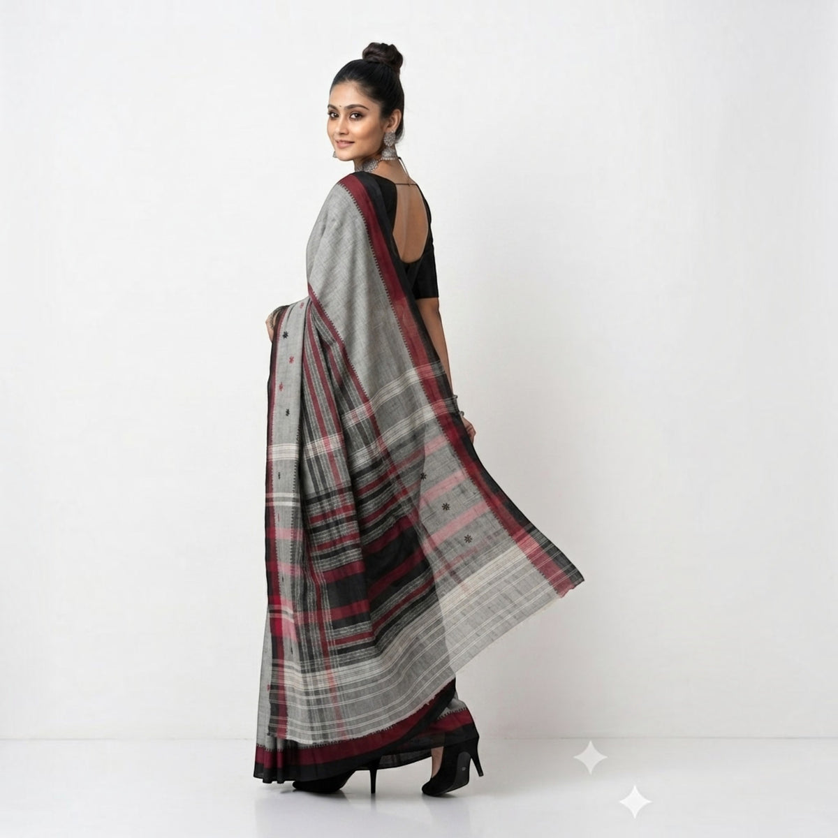 Grey Black Stripe Handwoven Cotton Saree