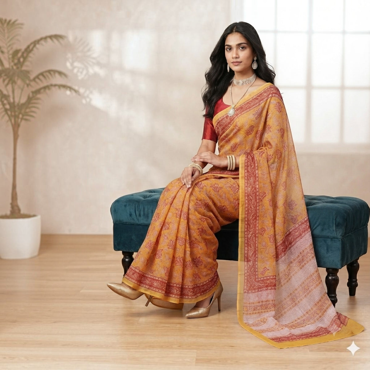 Yellow Red Handblock Kota Cotton Saree