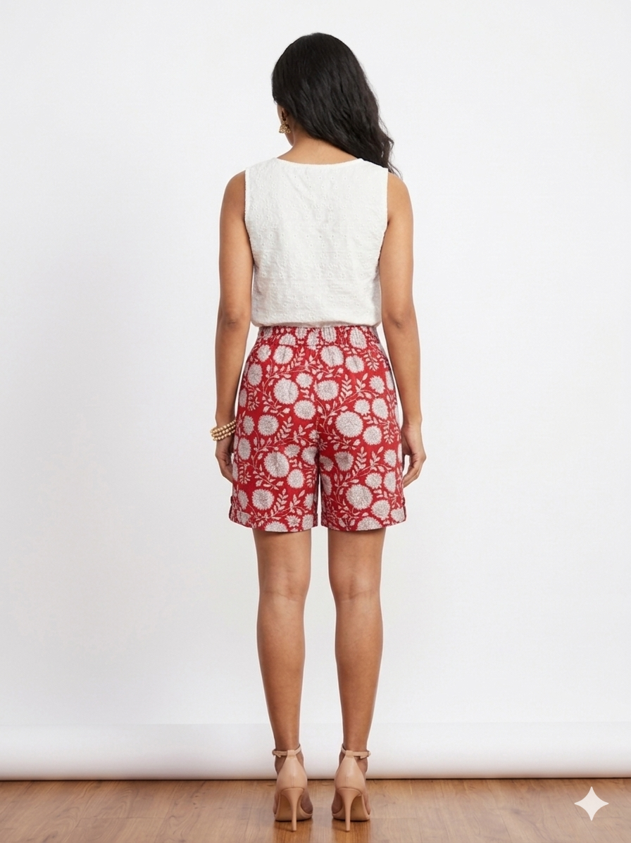 Red Handblock Cotton Shorts