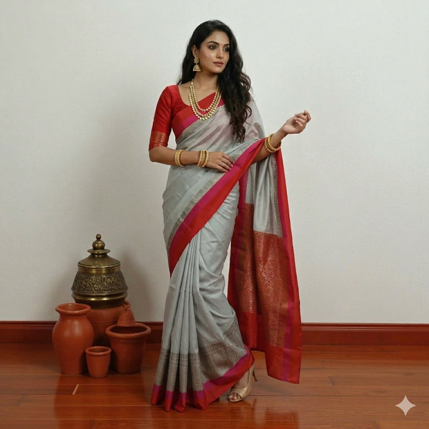 Grey Red Mota Border Silk