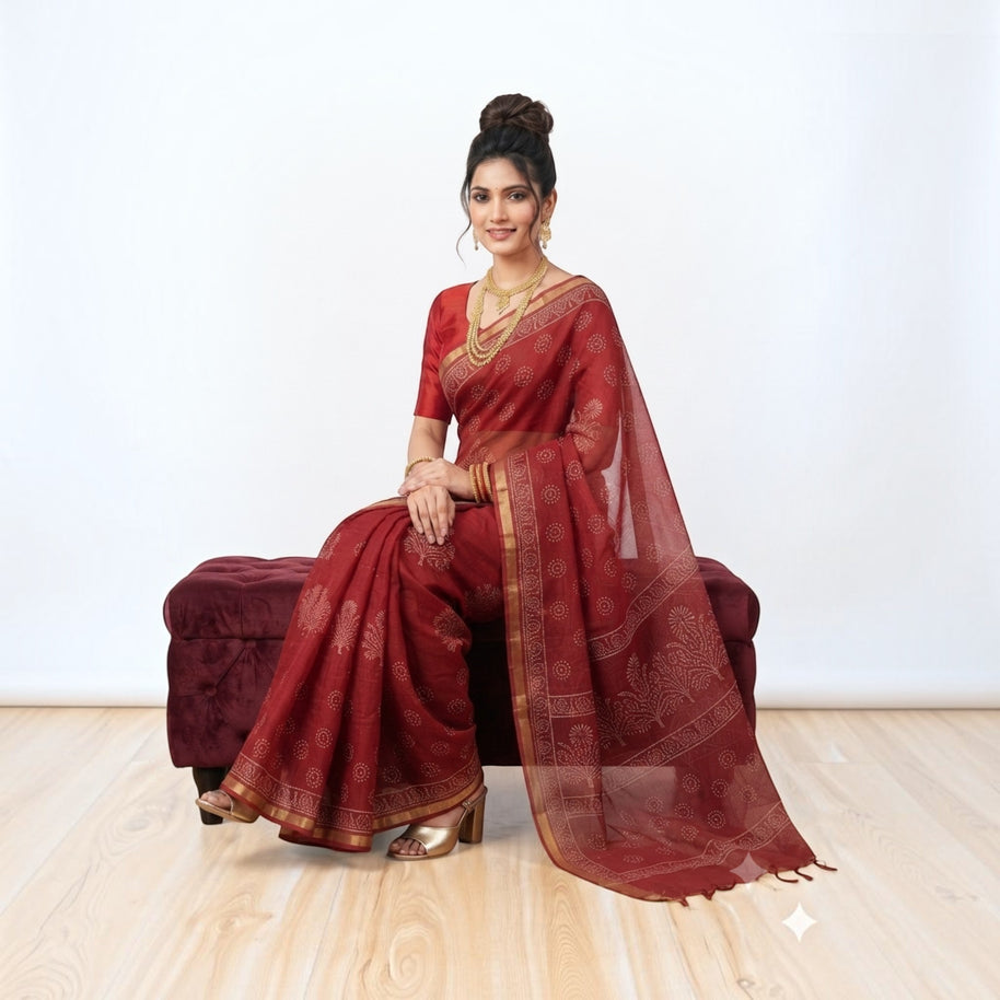 Dark Maroon Handblock Kota Cotton Saree