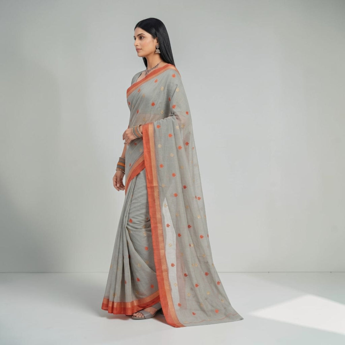 Grey Orange Floral Cotton Saree