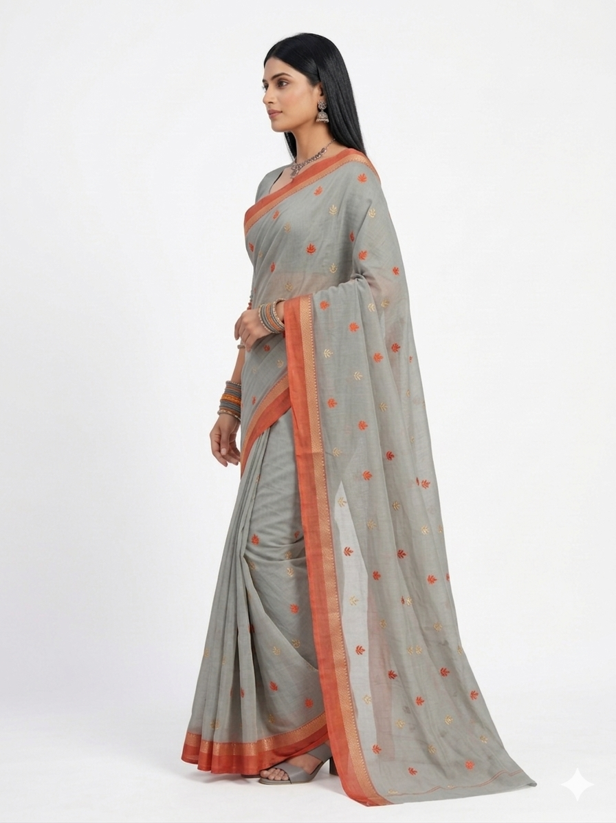 Grey Orange Floral Cotton Saree